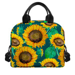 Green Watercolor Sunflower Pattern Print Insulated Lunch Bag