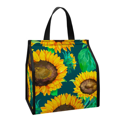 Green Watercolor Sunflower Pattern Print Insulated Lunch Tote