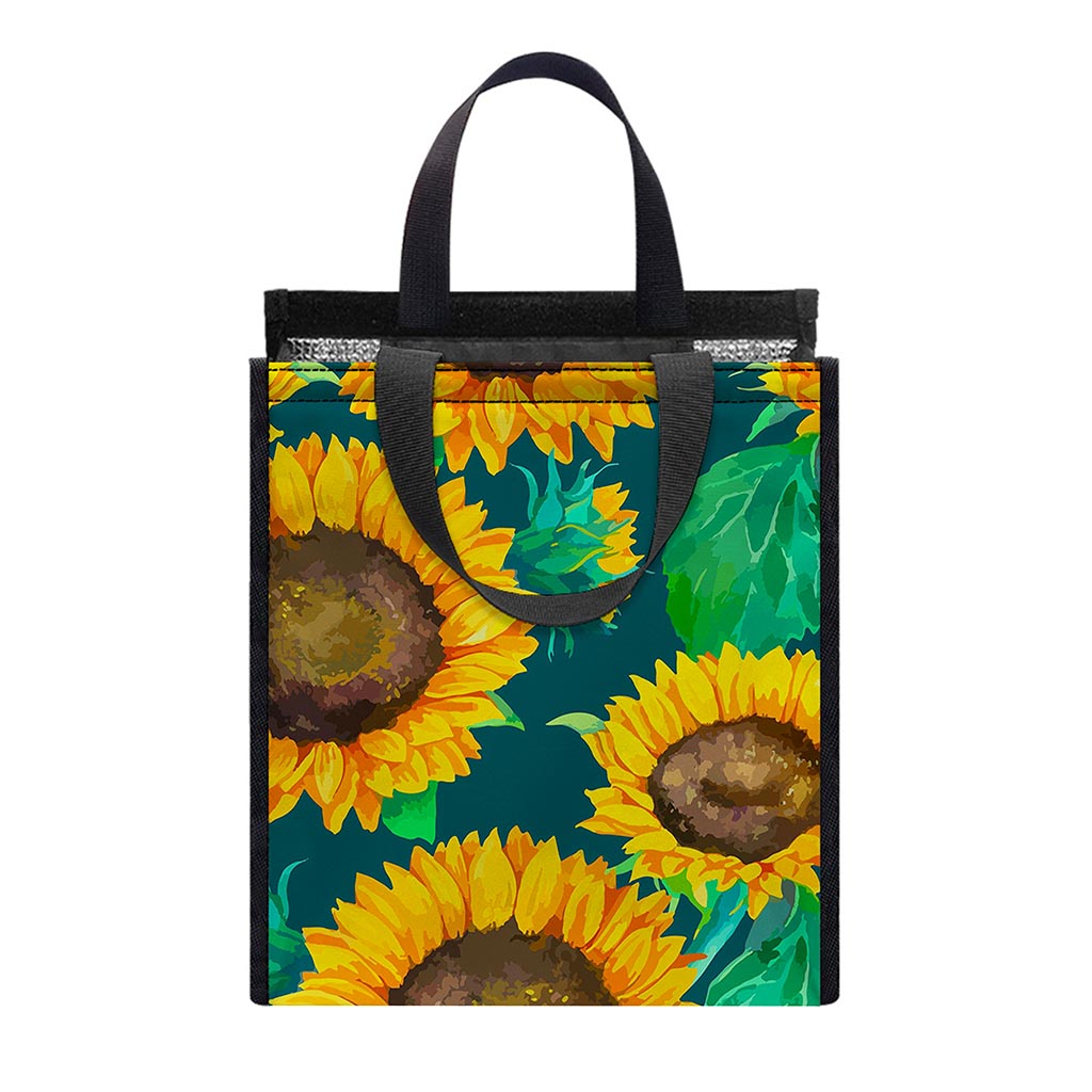 Green Watercolor Sunflower Pattern Print Insulated Lunch Tote