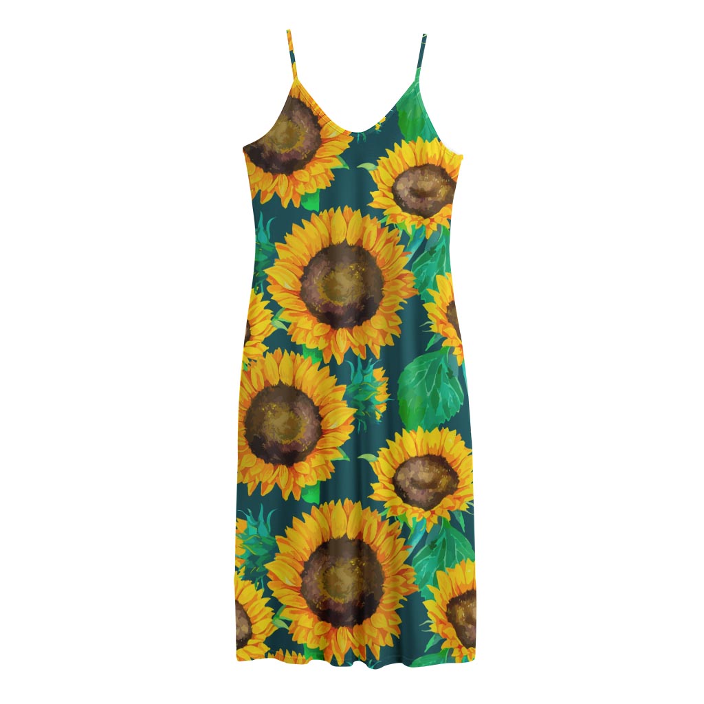 Green Watercolor Sunflower Pattern Print Jersey Midi Cami Dress