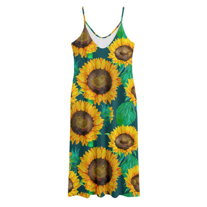 Green Watercolor Sunflower Pattern Print Jersey Midi Cami Dress