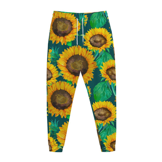 Green Watercolor Sunflower Pattern Print Jogger Pants