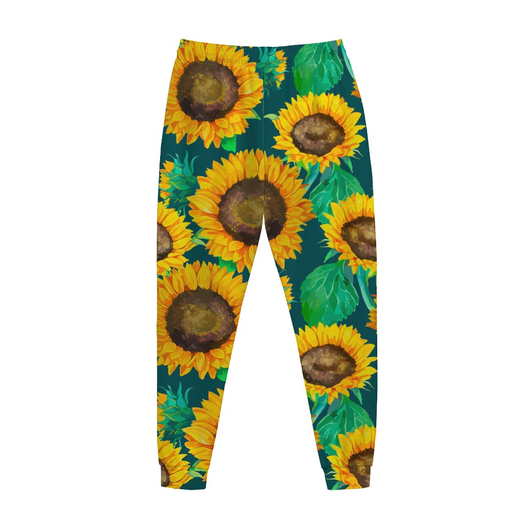 Green Watercolor Sunflower Pattern Print Jogger Pants