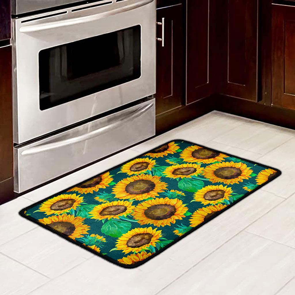 Green Watercolor Sunflower Pattern Print Kitchen Mat