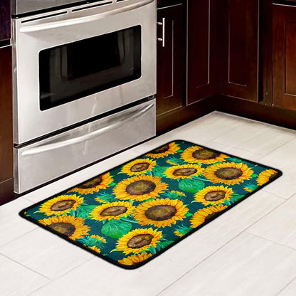 Green Watercolor Sunflower Pattern Print Kitchen Mat