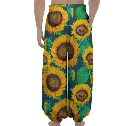 Green Watercolor Sunflower Pattern Print Lantern Pants