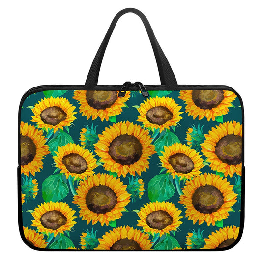 Green Watercolor Sunflower Pattern Print Laptop Sleeve With Handle