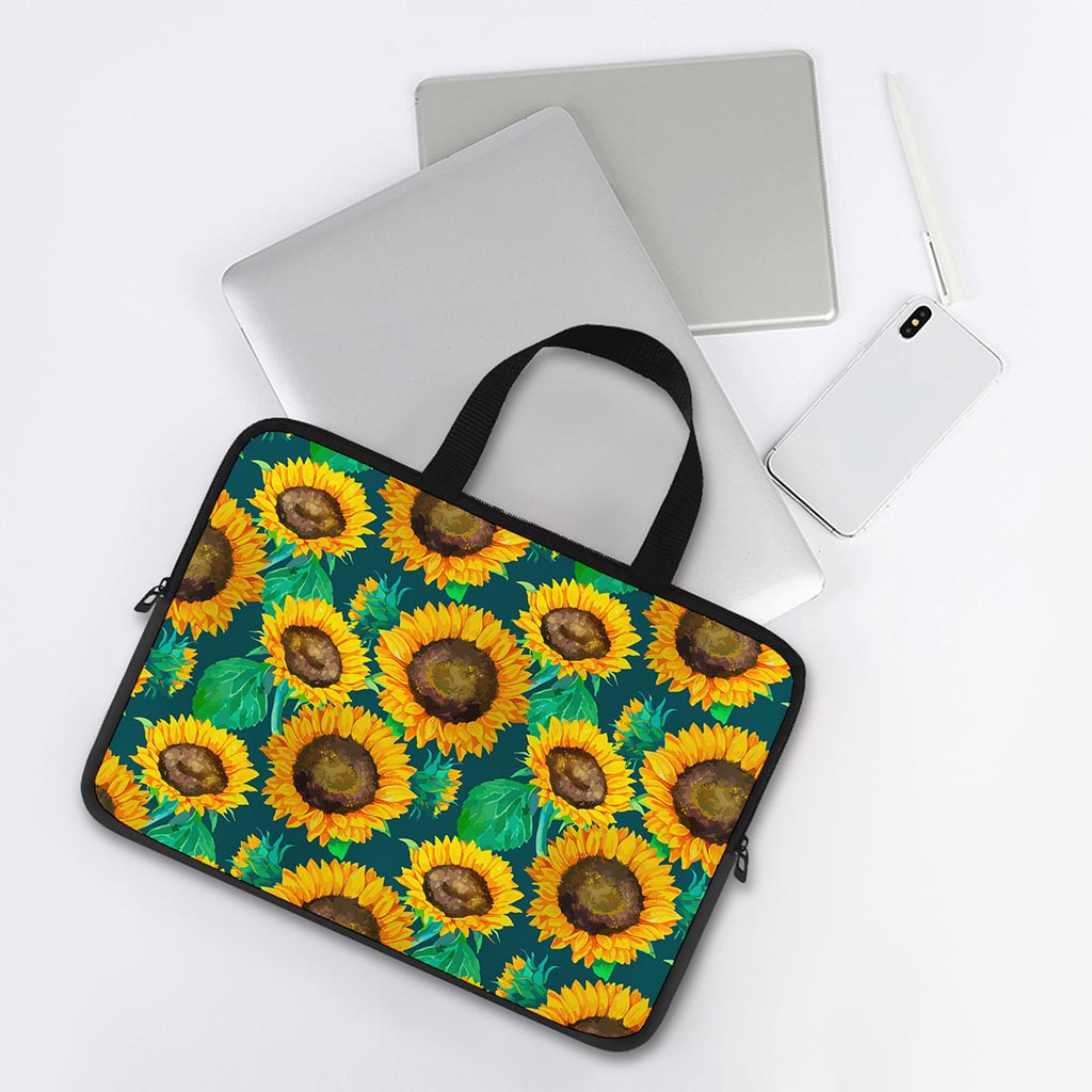 Green Watercolor Sunflower Pattern Print Laptop Sleeve With Handle