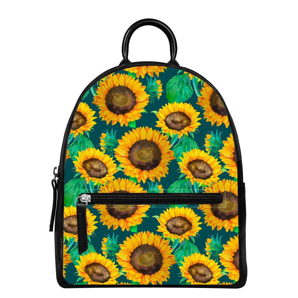 Green Watercolor Sunflower Pattern Print Leather Backpack