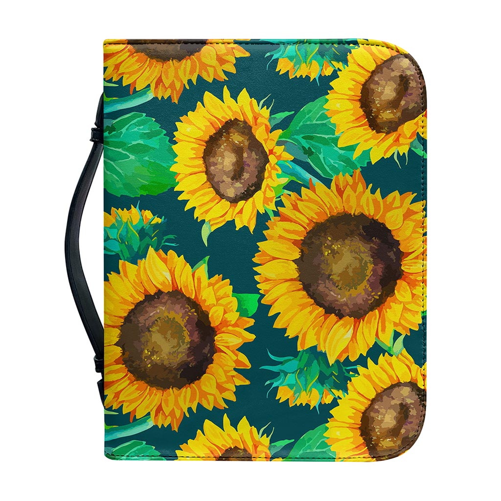 Green Watercolor Sunflower Pattern Print Leather Bible Cover
