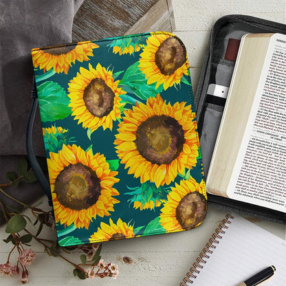 Green Watercolor Sunflower Pattern Print Leather Bible Cover