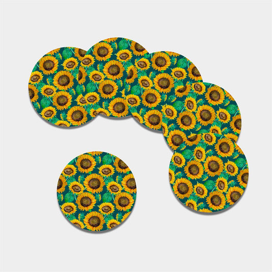 Green Watercolor Sunflower Pattern Print Leather Coaster Set