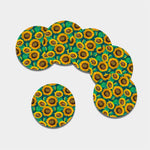 Green Watercolor Sunflower Pattern Print Leather Coaster Set