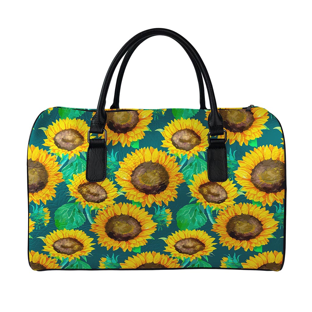 Green Watercolor Sunflower Pattern Print Leather Duffle Bag