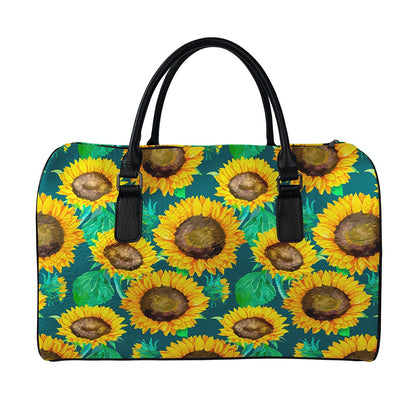 Green Watercolor Sunflower Pattern Print Leather Duffle Bag