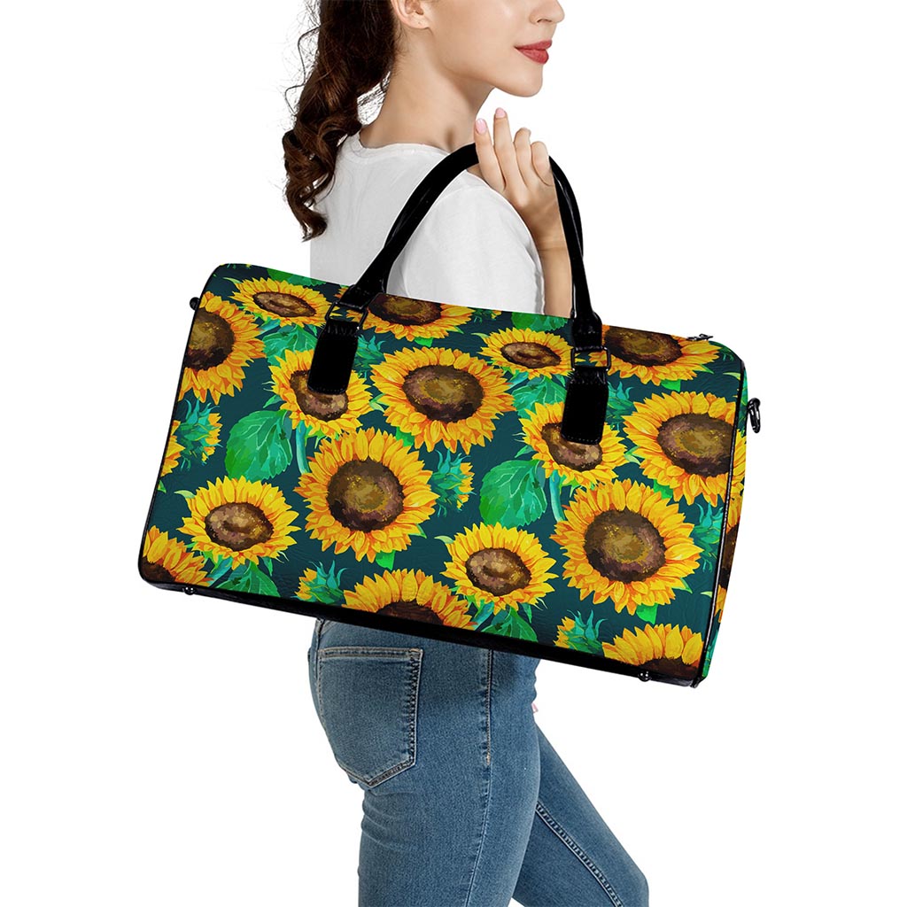 Green Watercolor Sunflower Pattern Print Leather Duffle Bag