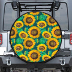 Green Watercolor Sunflower Pattern Print Leather Spare Tire Cover