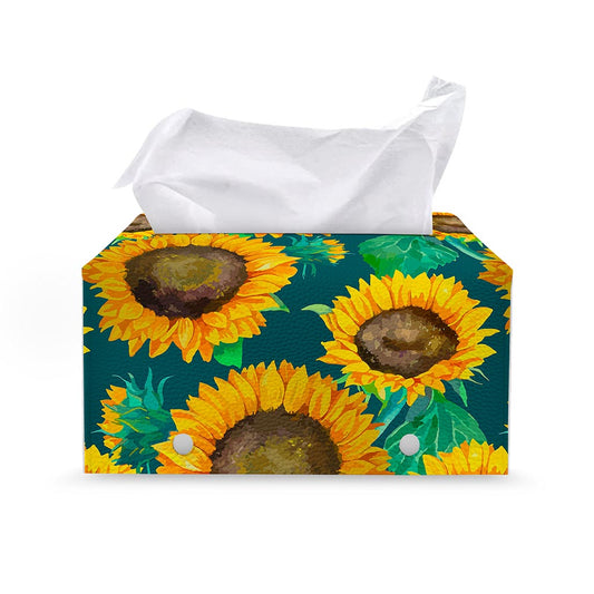 Green Watercolor Sunflower Pattern Print Leather Tissue Box Cover