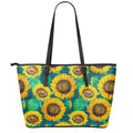 Green Watercolor Sunflower Pattern Print Leather Tote Bag With Zipper