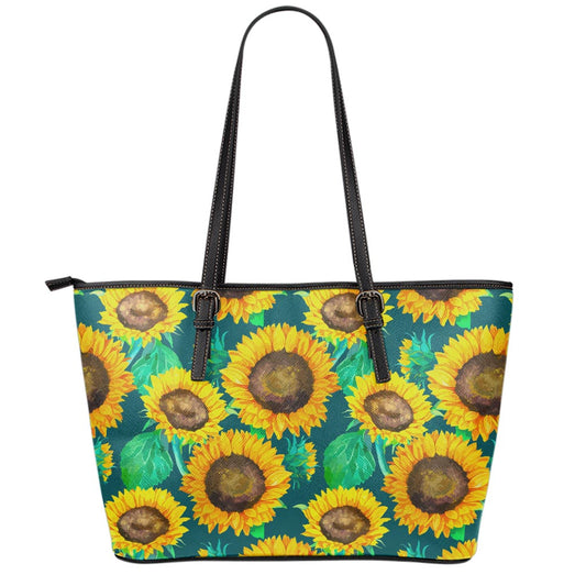 Green Watercolor Sunflower Pattern Print Leather Tote Bag