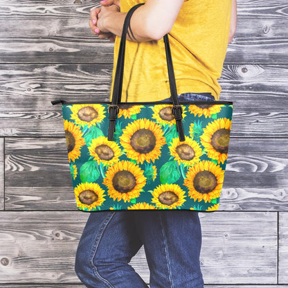 Green Watercolor Sunflower Pattern Print Leather Tote Bag