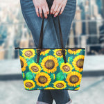 Green Watercolor Sunflower Pattern Print Leather Tote Bag