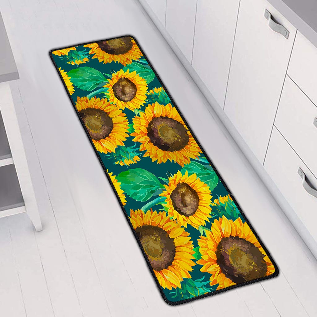 Green Watercolor Sunflower Pattern Print Long Kitchen Mat
