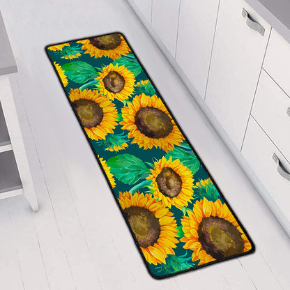 Green Watercolor Sunflower Pattern Print Long Kitchen Mat
