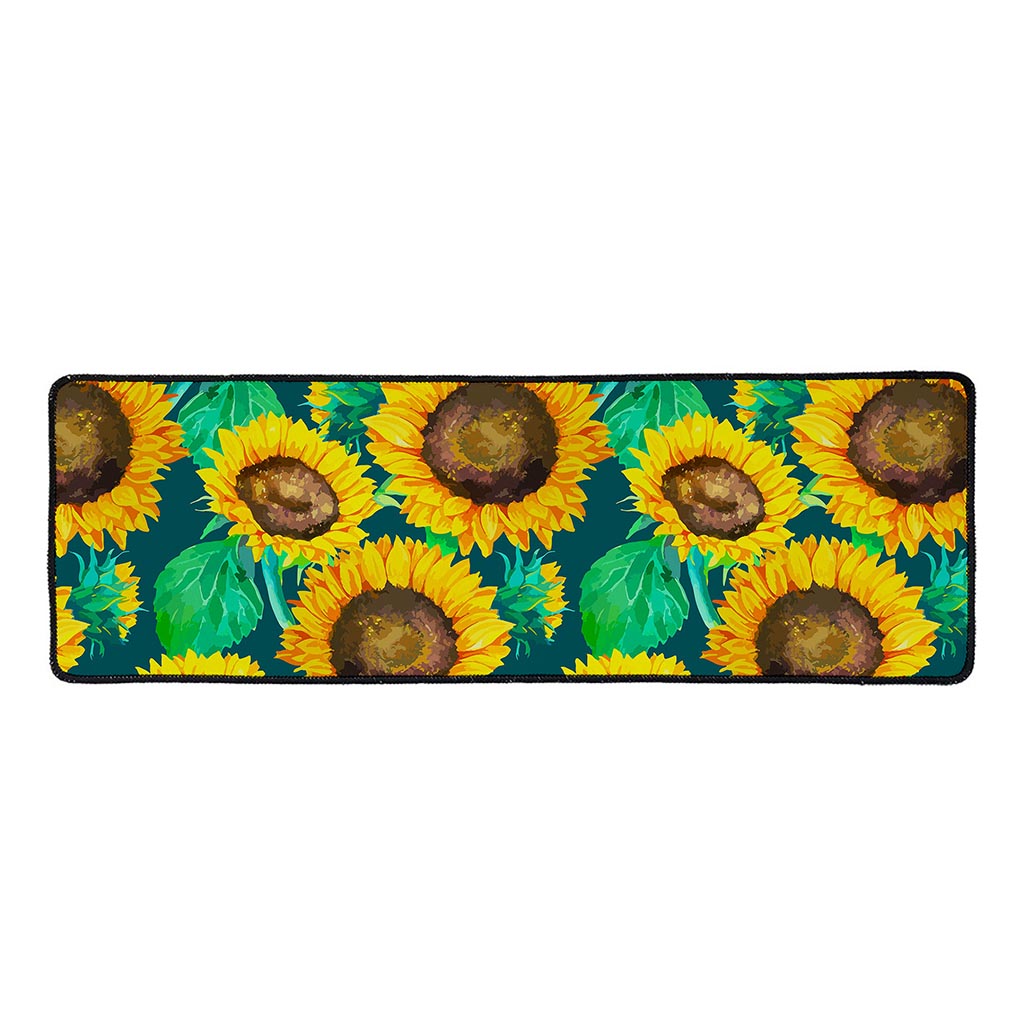 Green Watercolor Sunflower Pattern Print Long Kitchen Mat