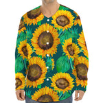 Green Watercolor Sunflower Pattern Print Long Sleeve Baseball Jersey