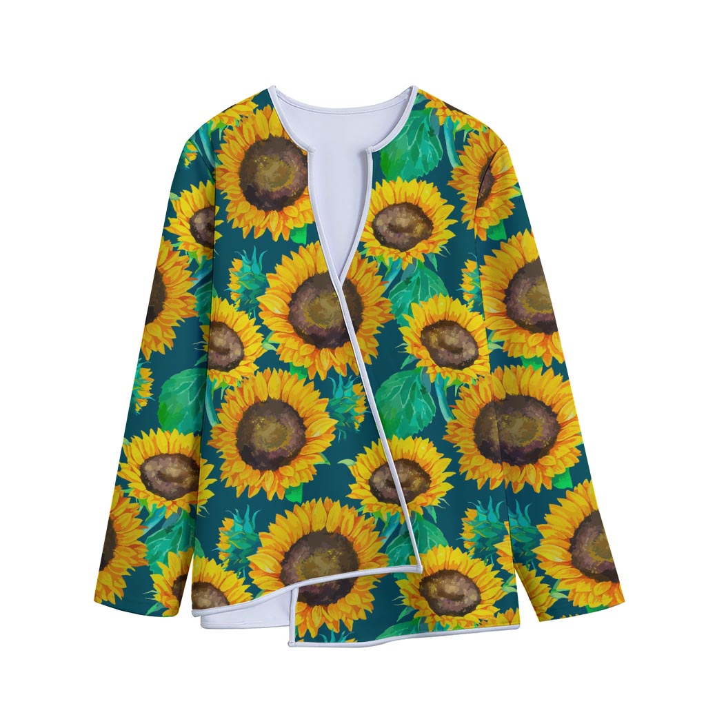 Green Watercolor Sunflower Pattern Print Long Sleeve Short Coat