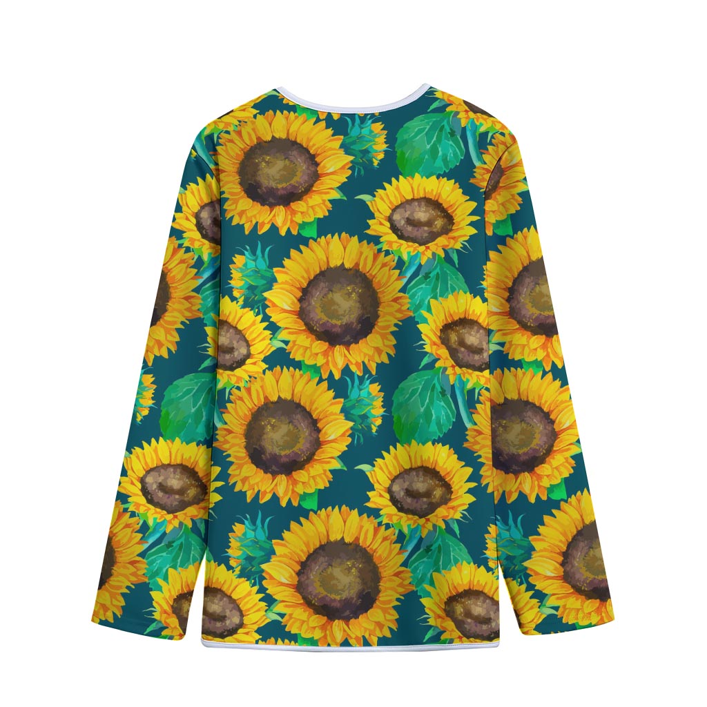Green Watercolor Sunflower Pattern Print Long Sleeve Short Coat