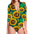 Green Watercolor Sunflower Pattern Print Long Sleeve Swimsuit