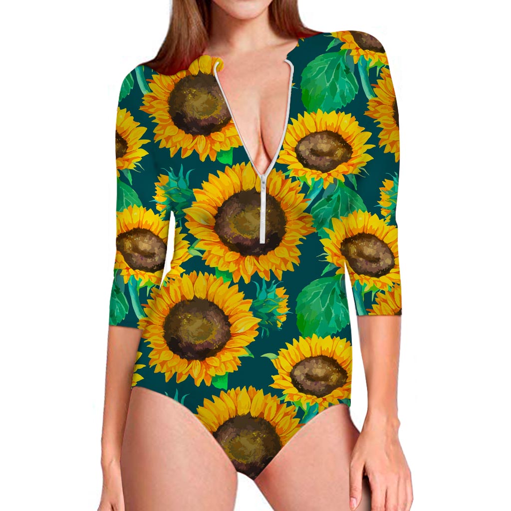 Green Watercolor Sunflower Pattern Print Long Sleeve Swimsuit