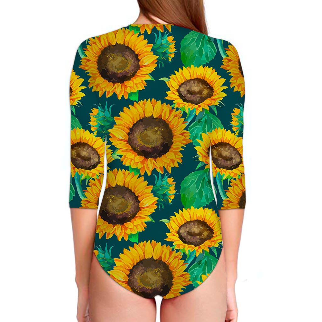Green Watercolor Sunflower Pattern Print Long Sleeve Swimsuit