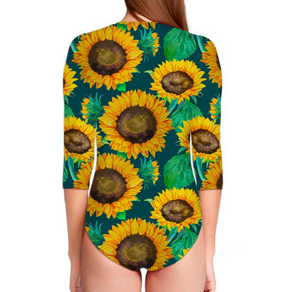 Green Watercolor Sunflower Pattern Print Long Sleeve Swimsuit