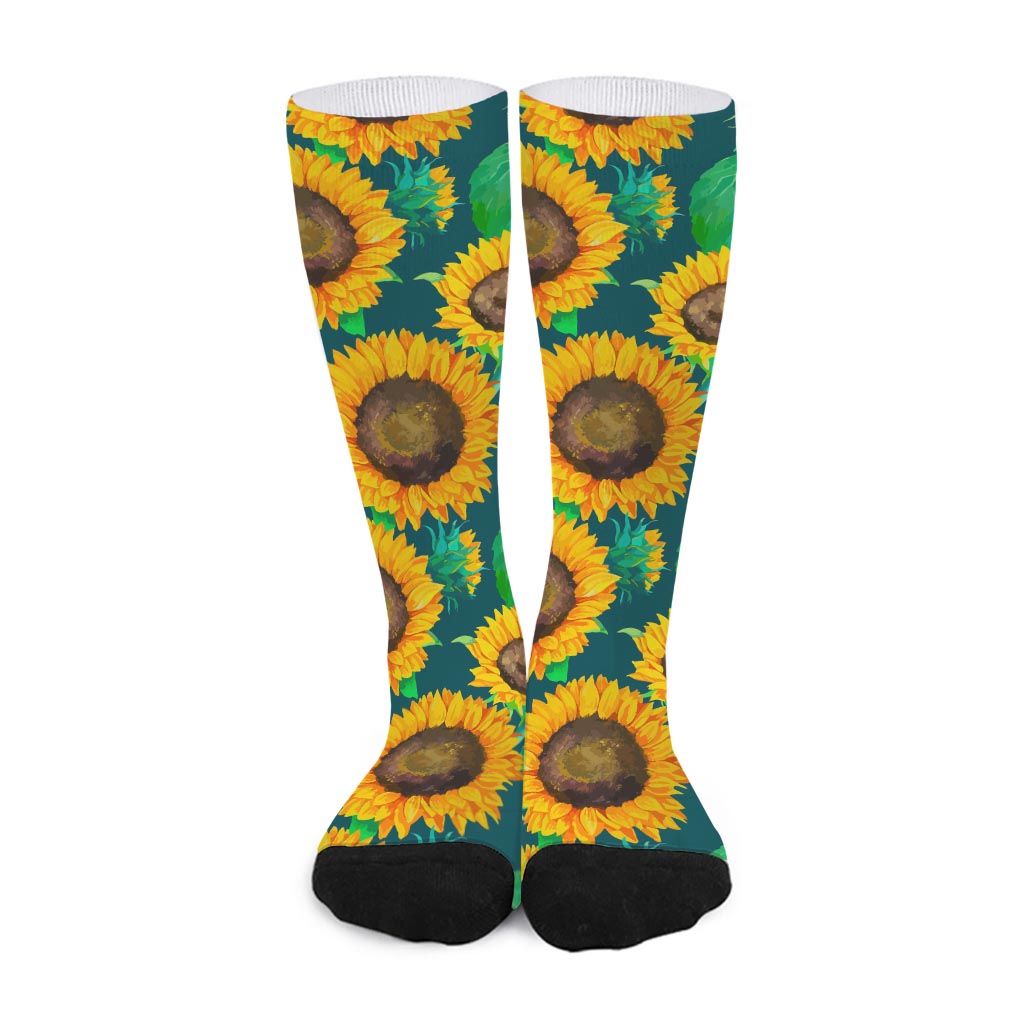 Green Watercolor Sunflower Pattern Print Long Socks