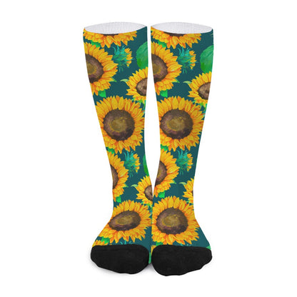 Green Watercolor Sunflower Pattern Print Long Socks