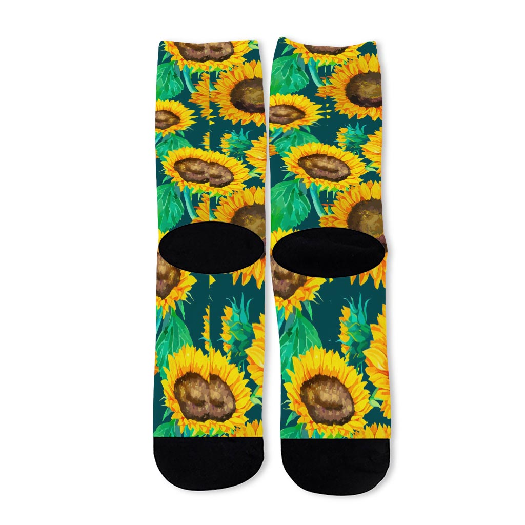 Green Watercolor Sunflower Pattern Print Long Socks