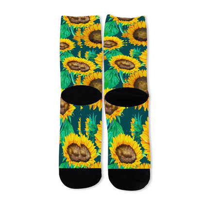 Green Watercolor Sunflower Pattern Print Long Socks