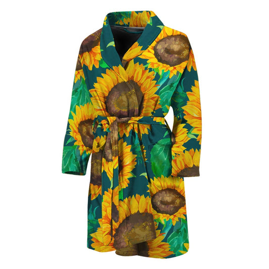 Green Watercolor Sunflower Pattern Print Men's Bathrobe