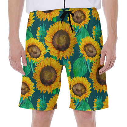 Green Watercolor Sunflower Pattern Print Men's Beach Shorts