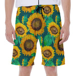 Green Watercolor Sunflower Pattern Print Men's Beach Shorts