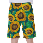 Green Watercolor Sunflower Pattern Print Men's Beach Shorts