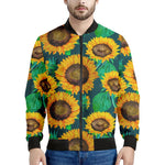 Green Watercolor Sunflower Pattern Print Men's Bomber Jacket