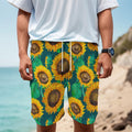 Green Watercolor Sunflower Pattern Print Men's Cargo Shorts