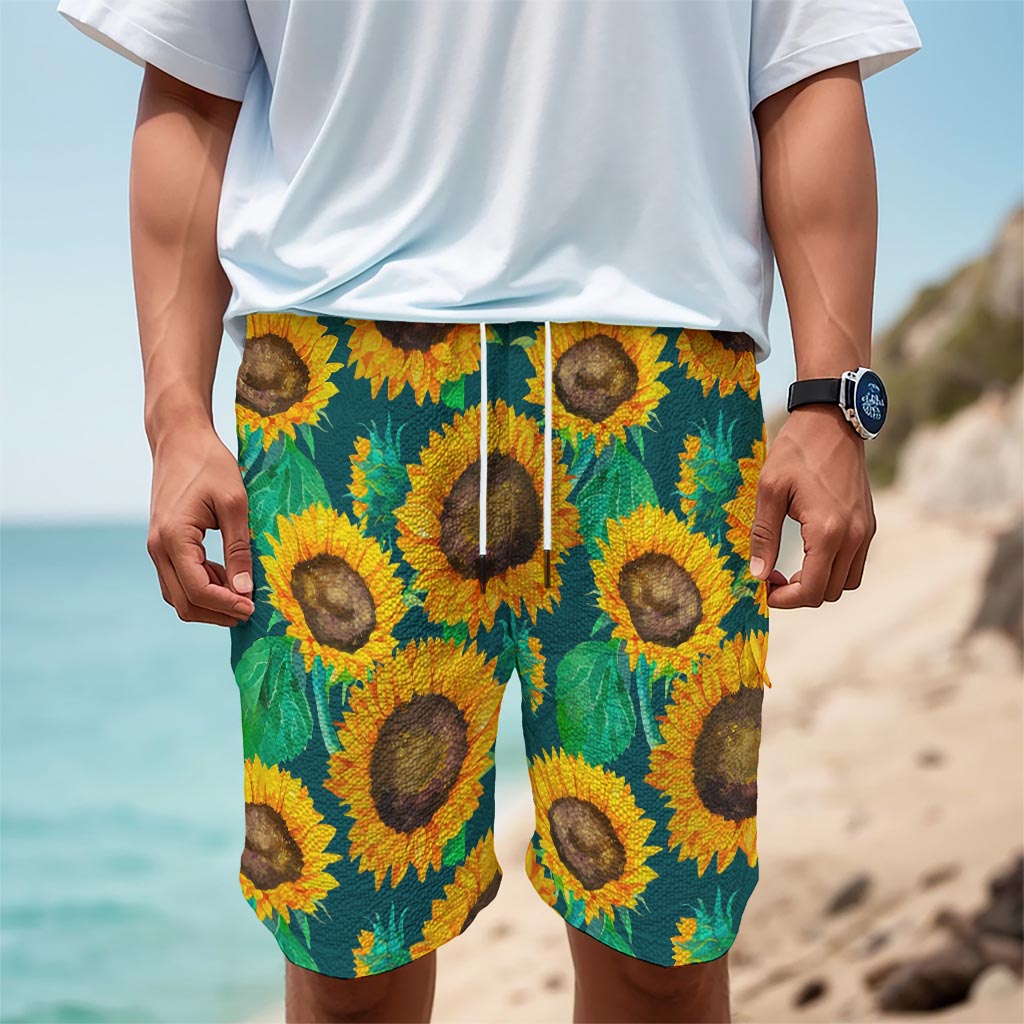 Green Watercolor Sunflower Pattern Print Men's Cargo Shorts