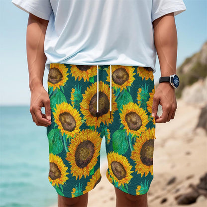Green Watercolor Sunflower Pattern Print Men's Cargo Shorts