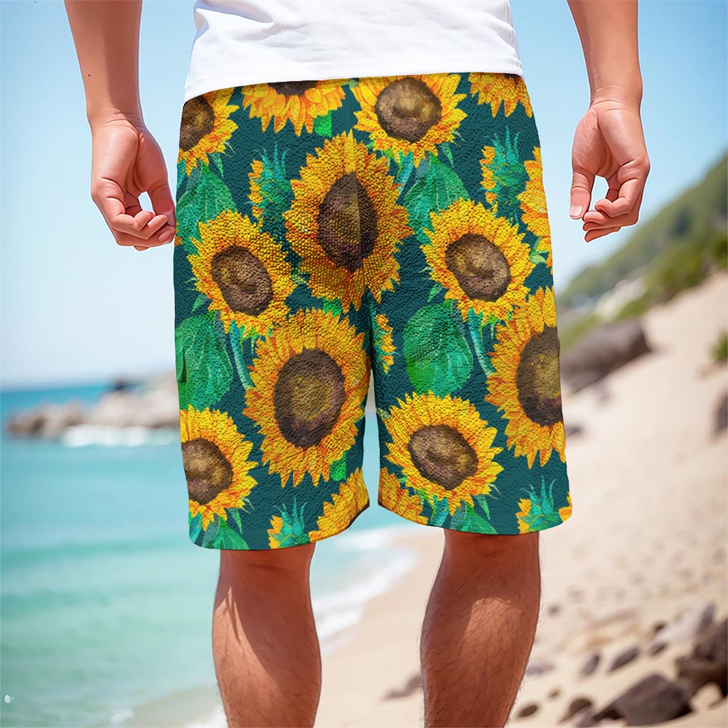 Green Watercolor Sunflower Pattern Print Men's Cargo Shorts
