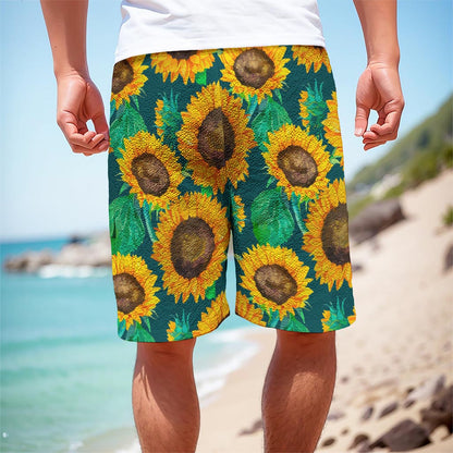 Green Watercolor Sunflower Pattern Print Men's Cargo Shorts